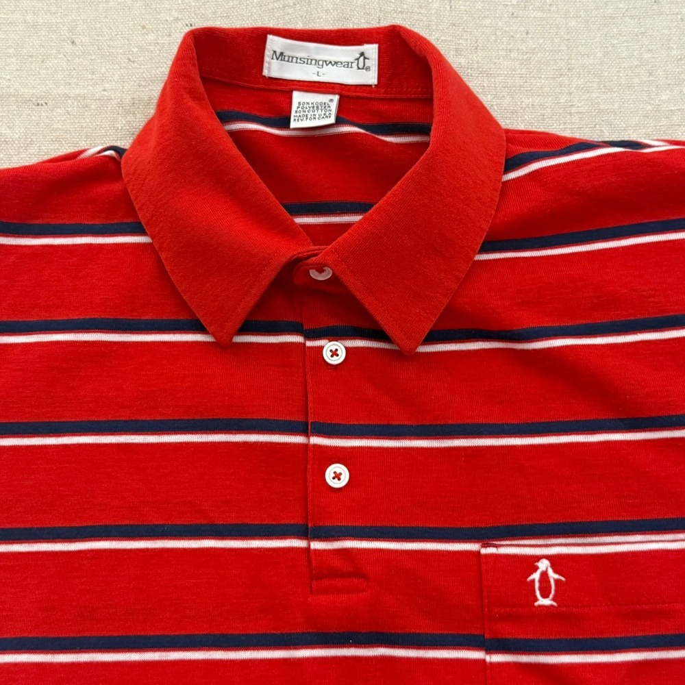Vintage Munsingwear Grand Slam Polo Shirt Red Striped Penguin Logo Large USA